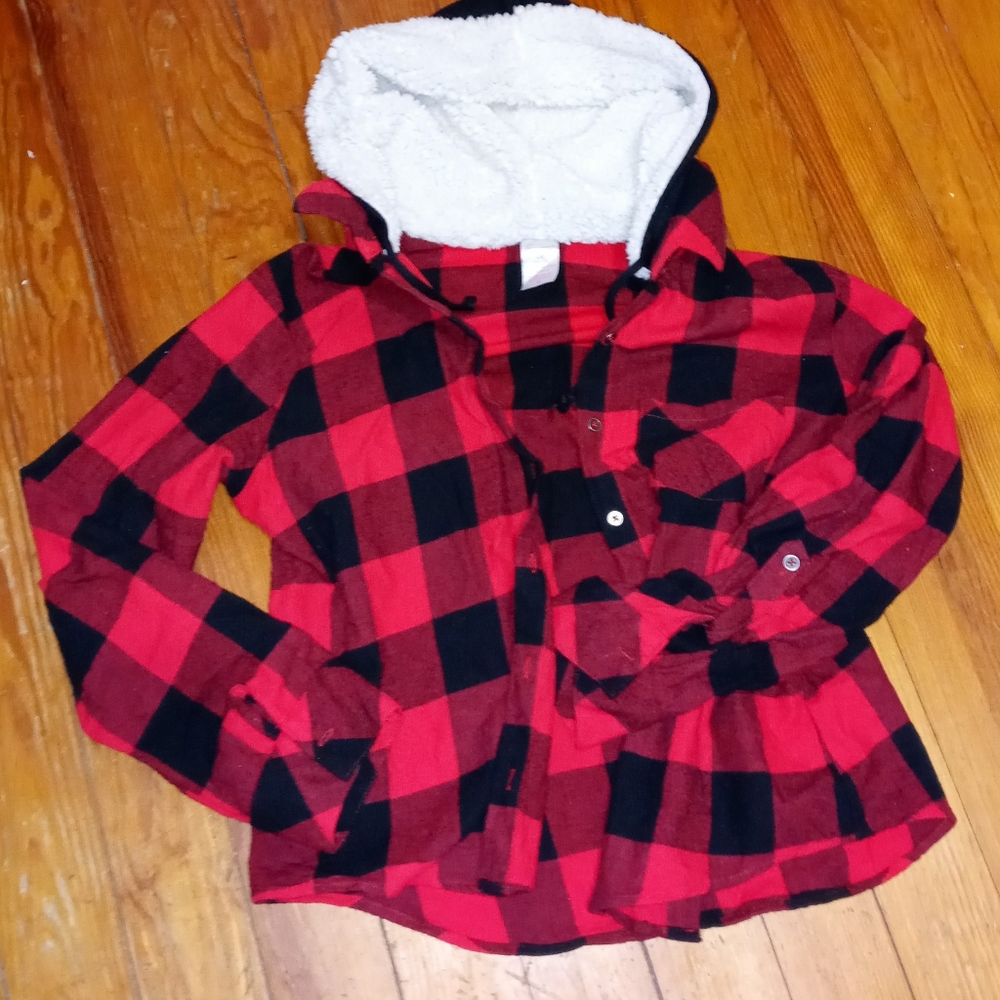 Plaid Hoodie Jacket Top W/ Sherpa lining